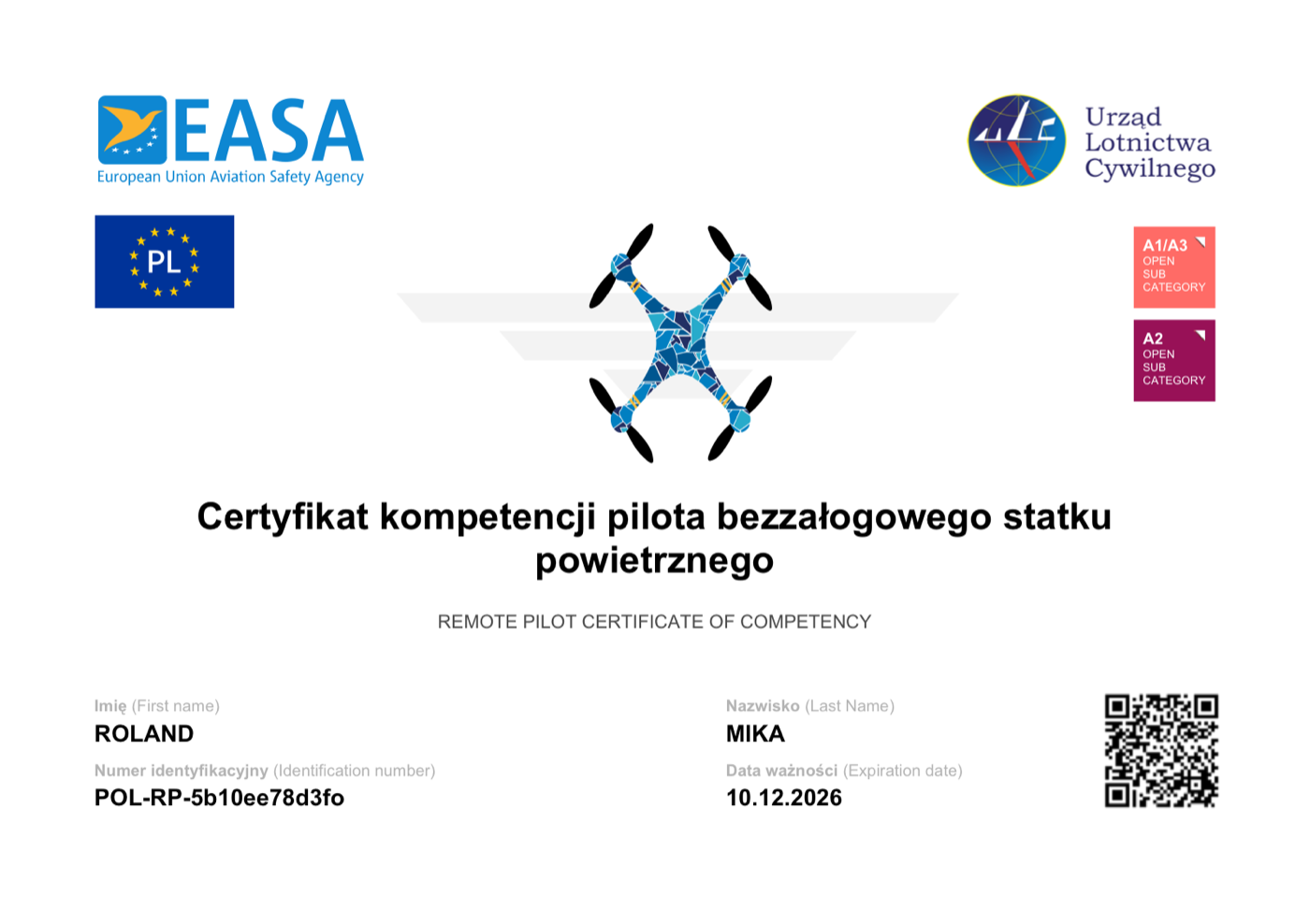Remote pilot certificate of competency A1/A3 and A2 issued by the Polish Civil Aviation Authority