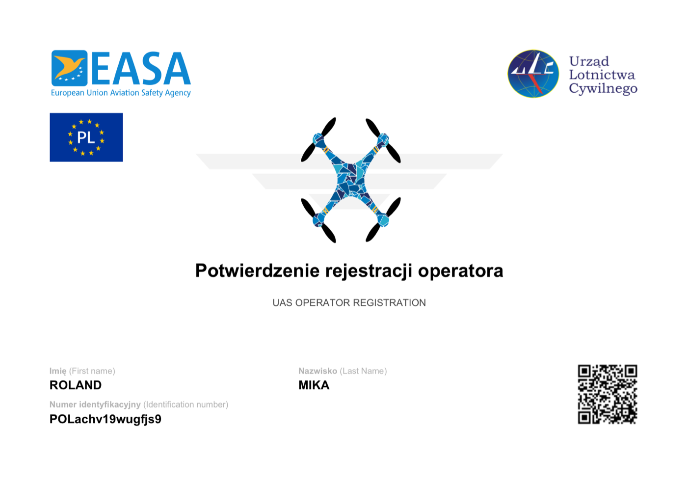 Confirmation of registration as an operator of unmanned aircraft systems with the Polish Civil Aviation Authority