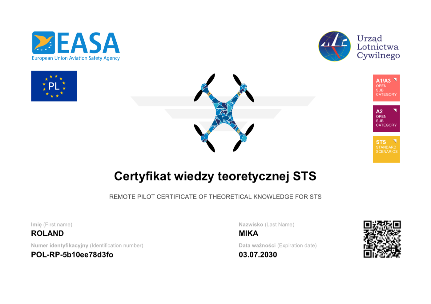 Remote pilot certificate of theoretical knowledge for standard scenarios STS