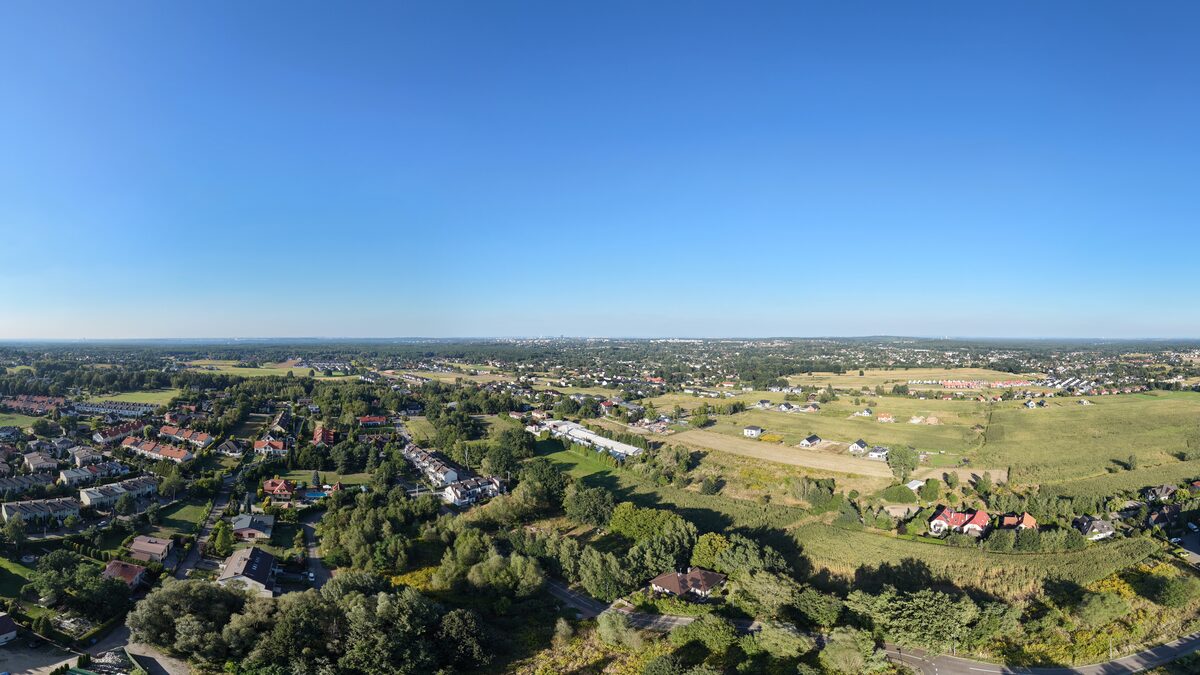 Panorama 360°: Widok z drona na działkę wizja lokalna dla dewelopera pod Katowicami.